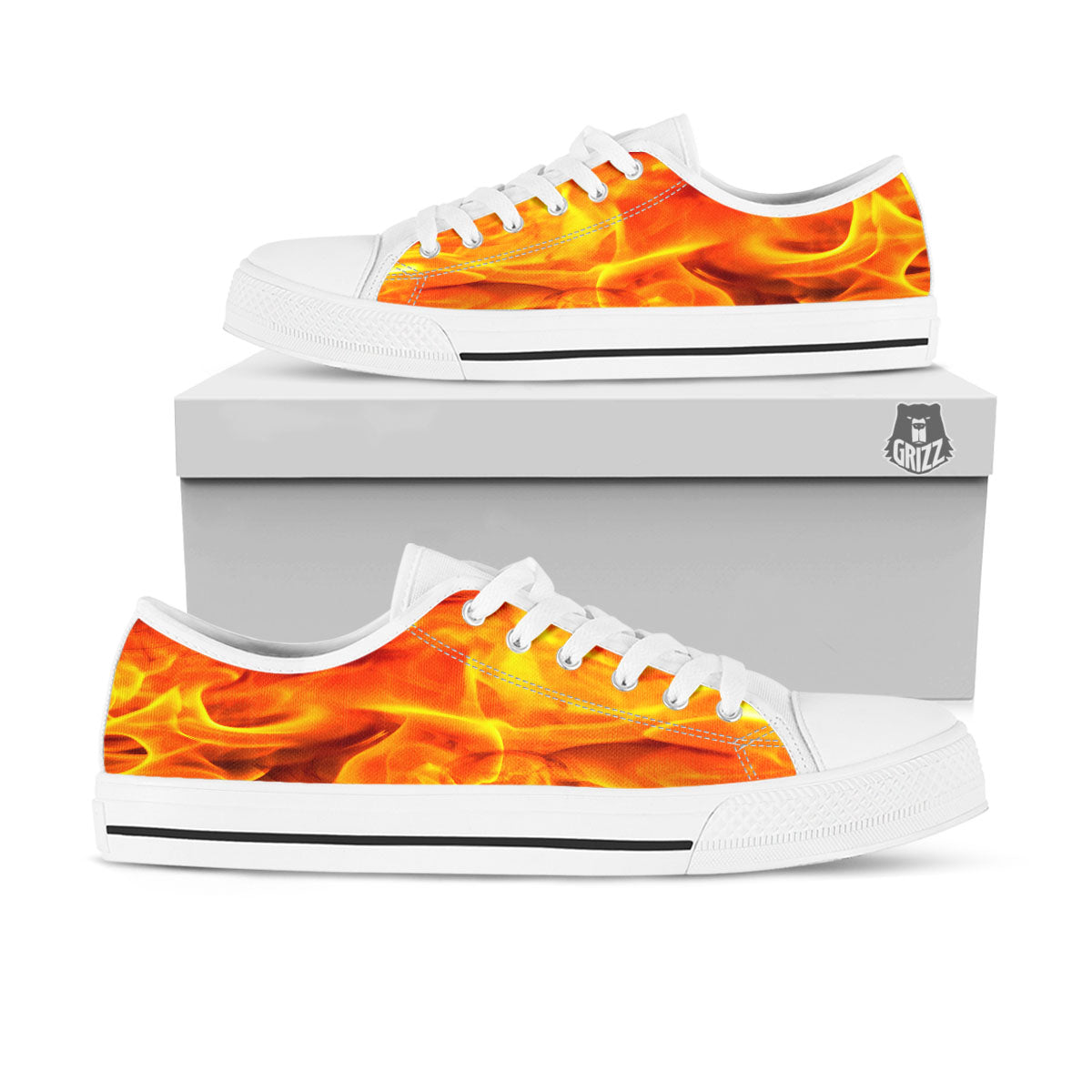 Burning Fire Flame Print White Low Top Shoes-grizzshop