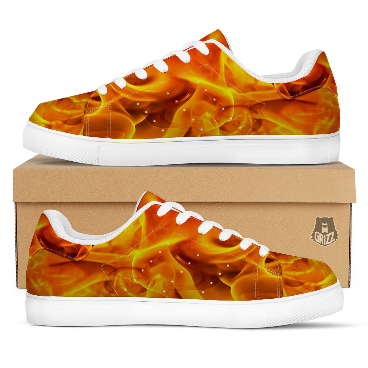 Burning Fire Flame Print White Low Top Sneakers-grizzshop