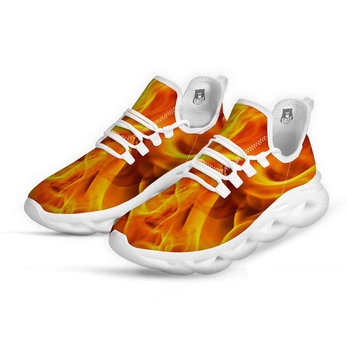 Burning Fire Flame Print White Running Shoes-grizzshop