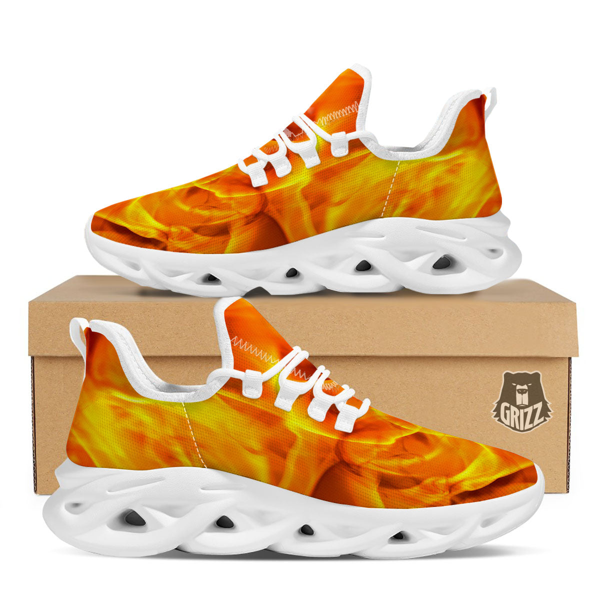 Burning Fire Flame Print White Running Shoes-grizzshop
