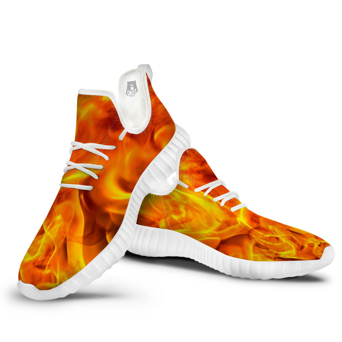 Burning Fire Flame Print White Walking Shoes-grizzshop