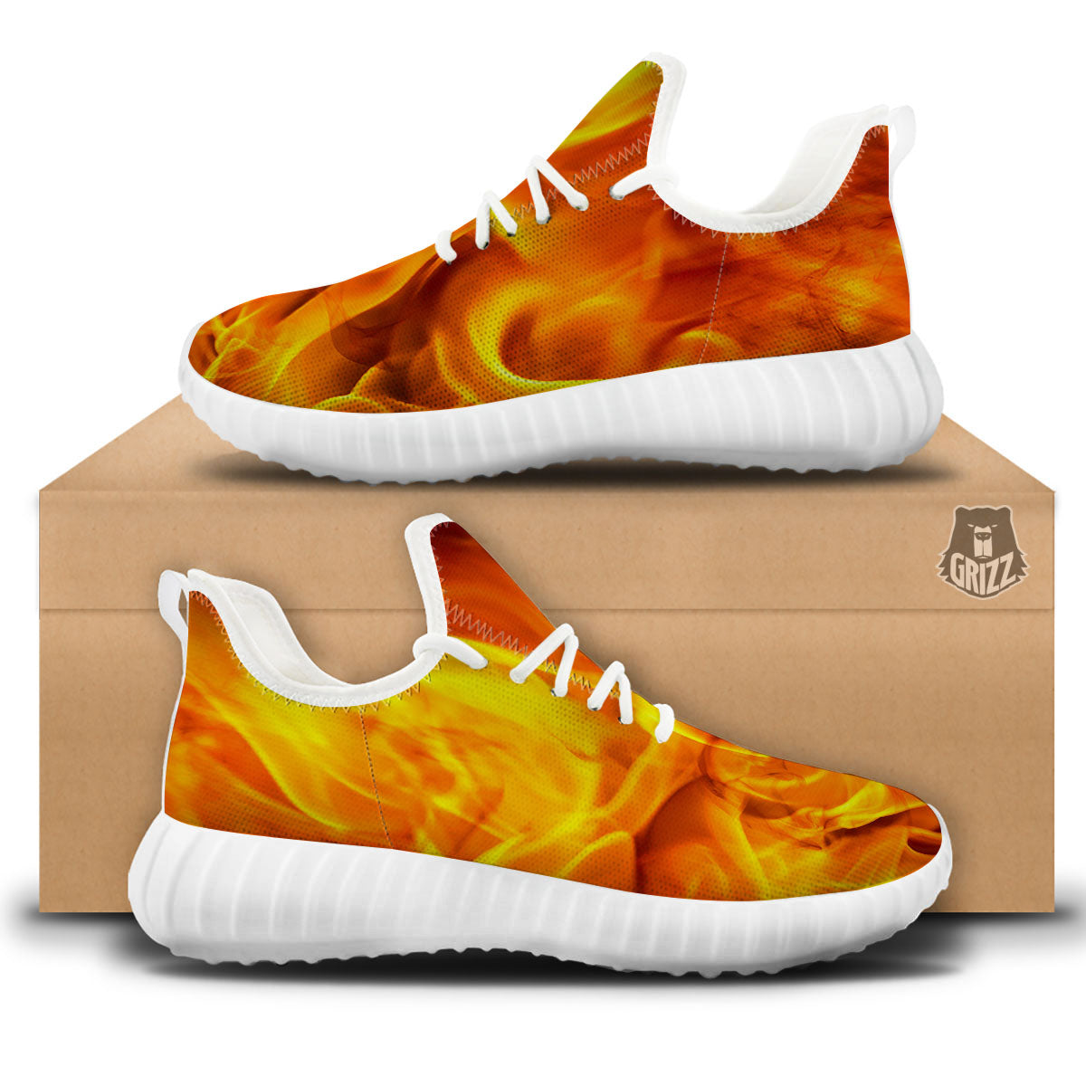 Burning Fire Flame Print White Walking Shoes-grizzshop