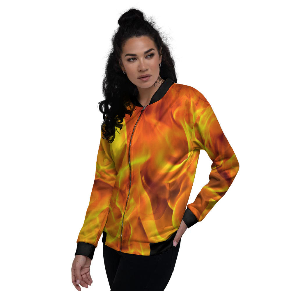 Burning Fire Flame Print Women's Bomber Jacket-grizzshop
