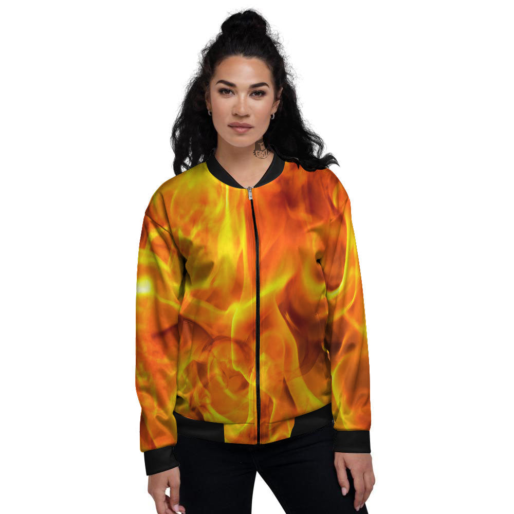 Burning Fire Flame Print Women's Bomber Jacket-grizzshop