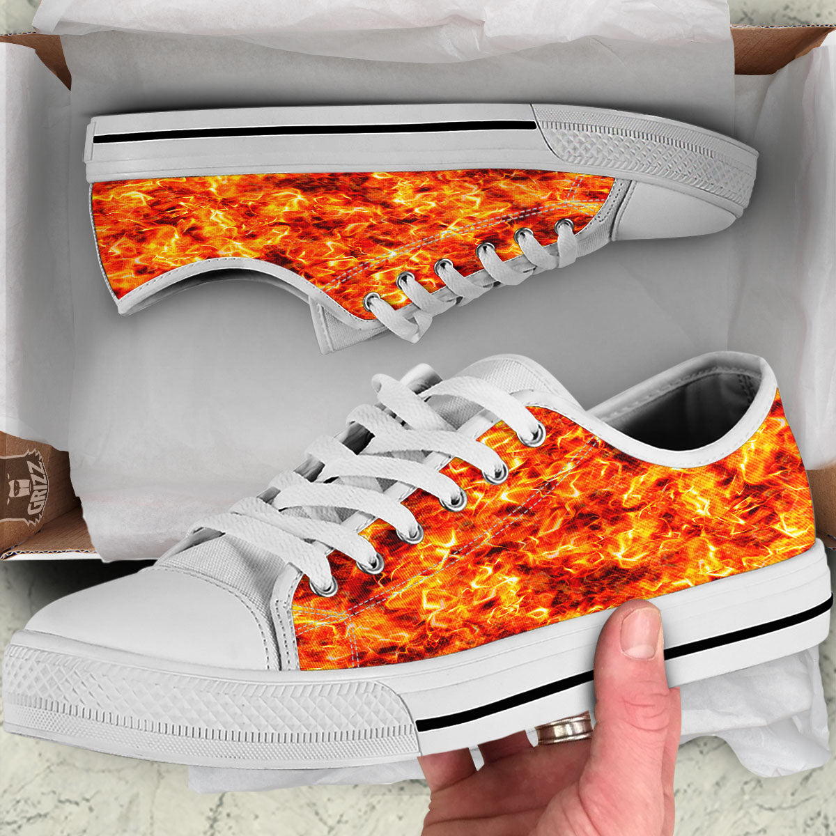 Burning Lava Print White Low Top Shoes-grizzshop