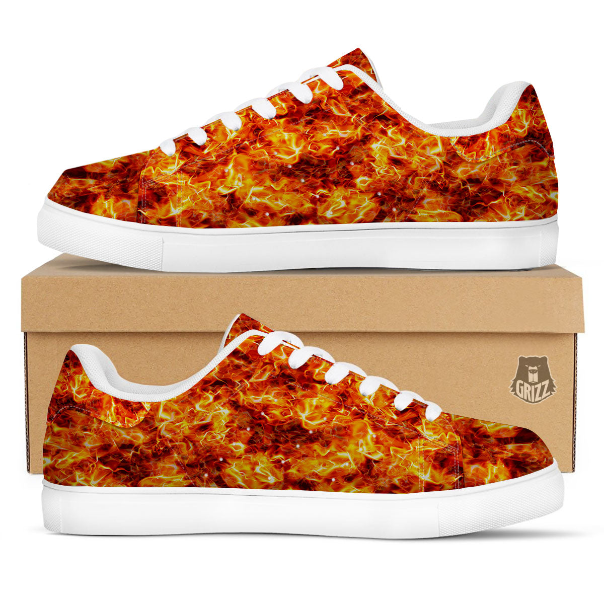 Burning Lava Print White Low Top Sneakers-grizzshop