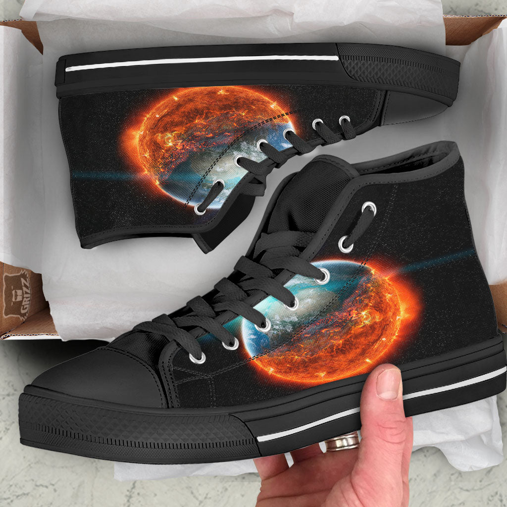 Burning Planet Print Black High Top Shoes-grizzshop