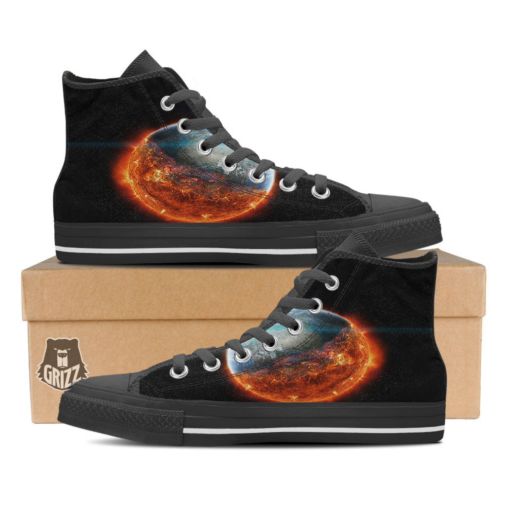 Burning Planet Print Black High Top Shoes-grizzshop