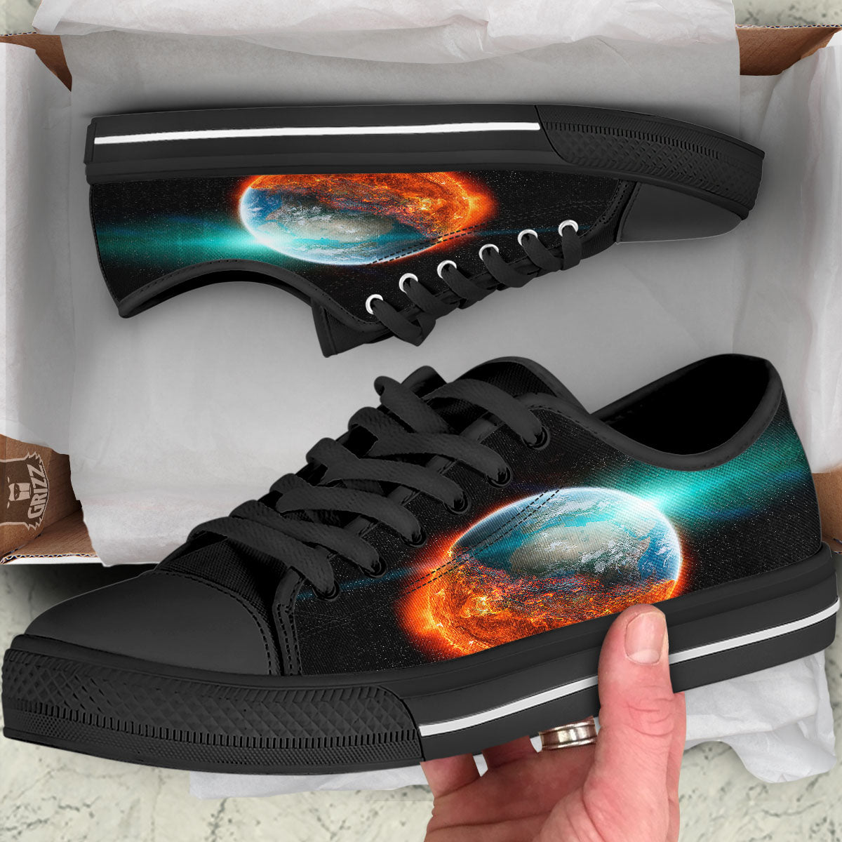 Burning Planet Print Black Low Top Shoes-grizzshop