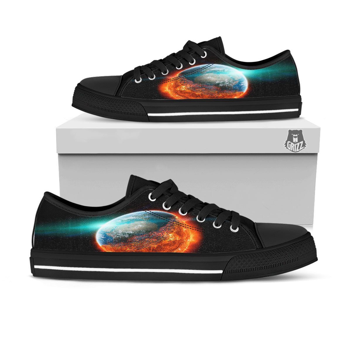 Burning Planet Print Black Low Top Shoes-grizzshop