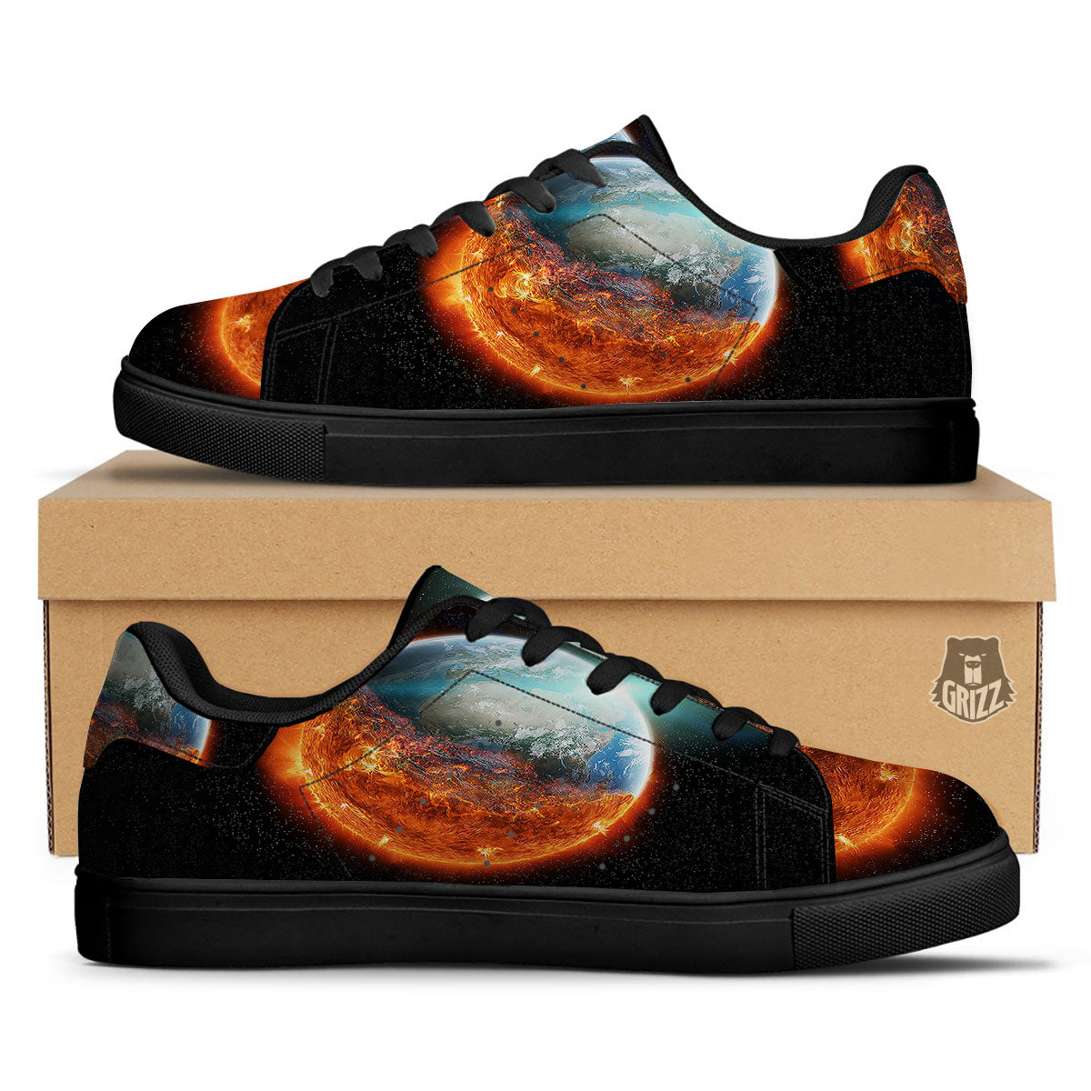 Burning Planet Print Black Low Top Sneakers-grizzshop