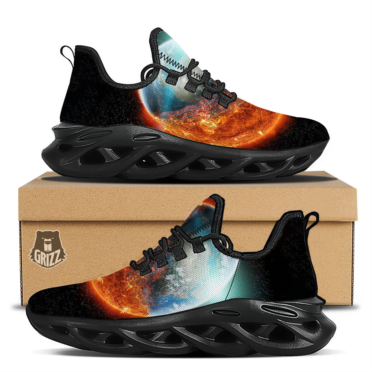 Burning Planet Print Black Running Shoes-grizzshop