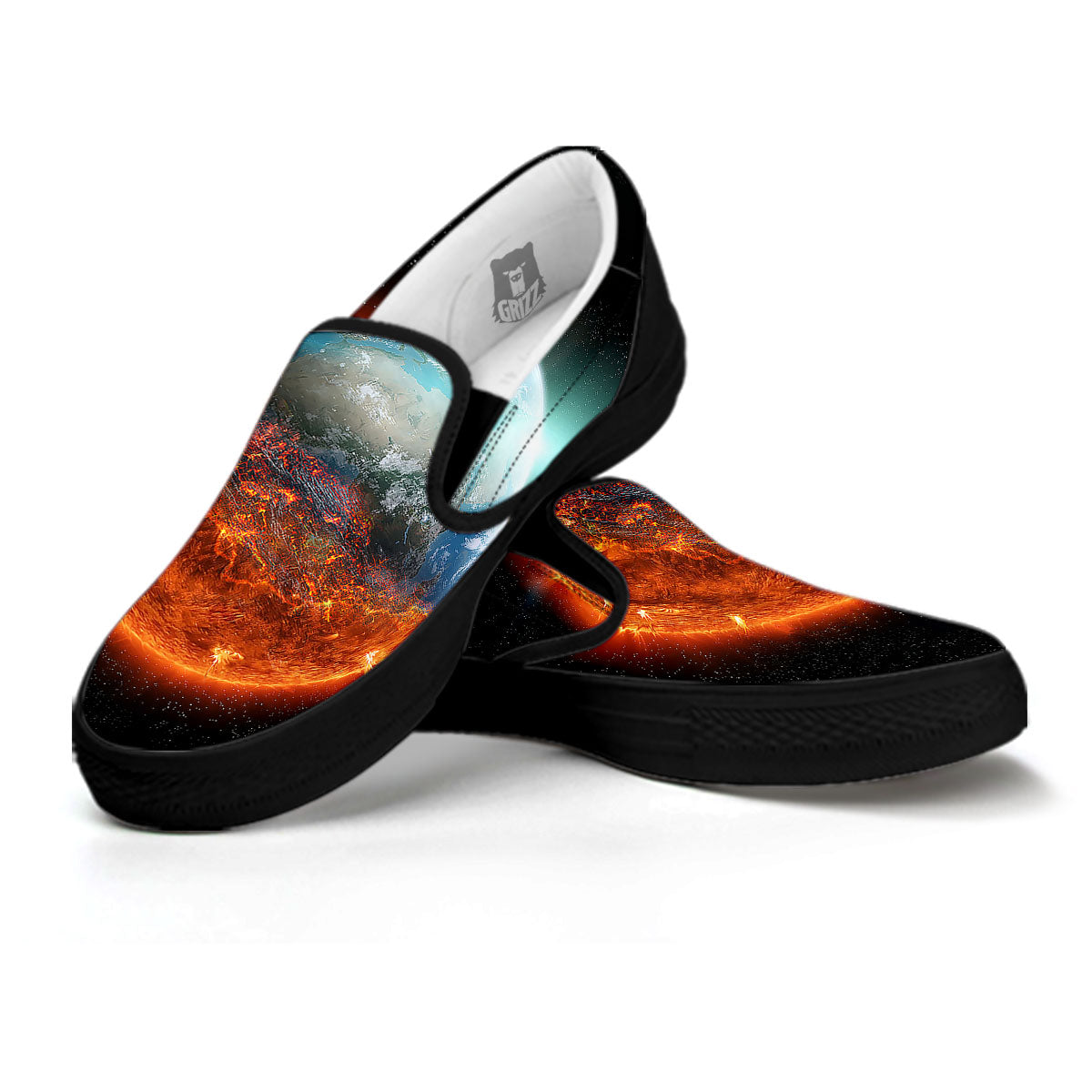 Burning Planet Print Black Slip On Shoes-grizzshop