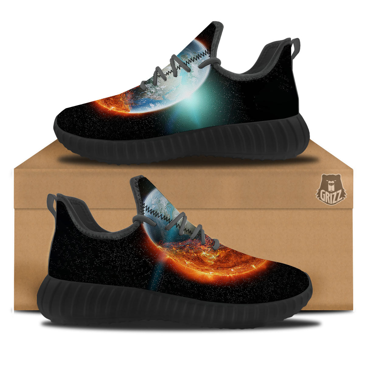 Burning Planet Print Black Walking Shoes-grizzshop