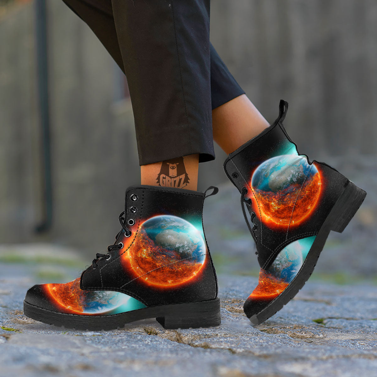 Burning Planet Print Leather Boots-grizzshop