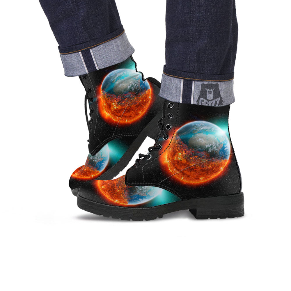 Burning Planet Print Leather Boots-grizzshop