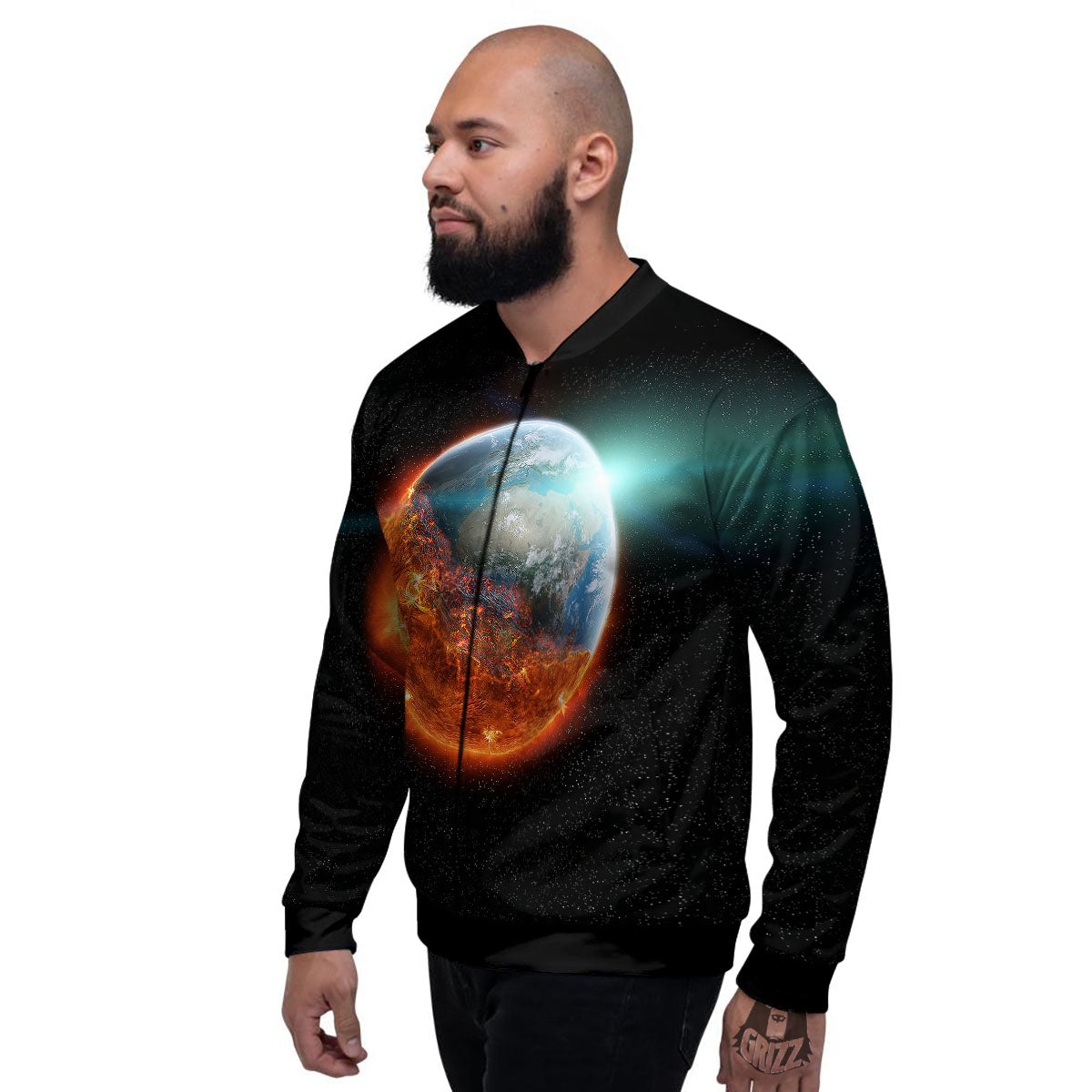Burning Planet Print Men's Bomber Jacket-grizzshop