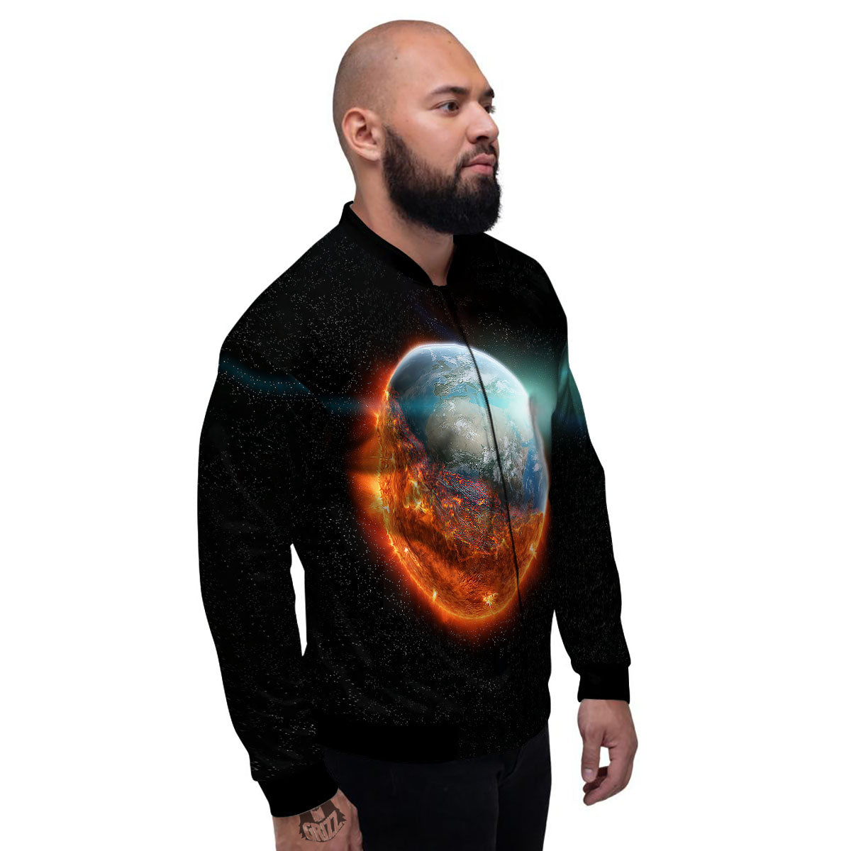 Burning Planet Print Men's Bomber Jacket-grizzshop