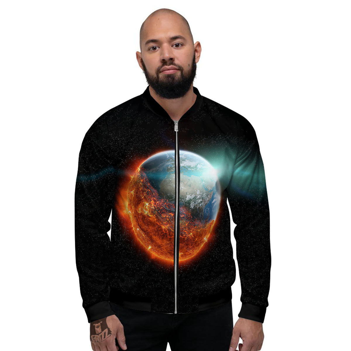 Burning Planet Print Men's Bomber Jacket-grizzshop