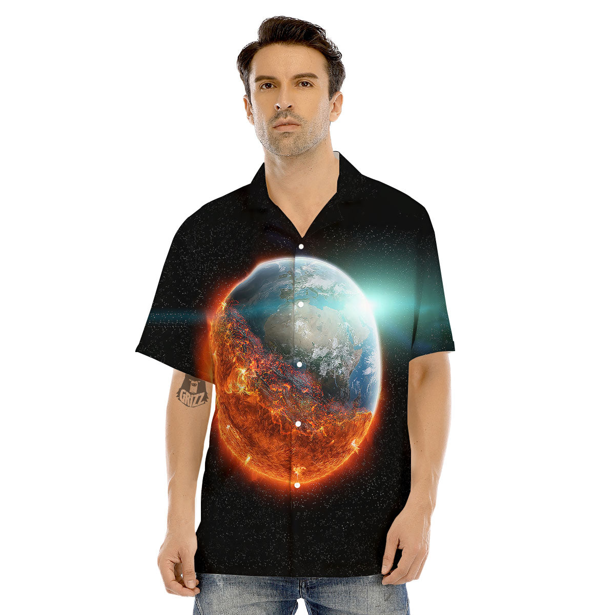 Burning Planet Print Men's Hawaiian Shirt-grizzshop