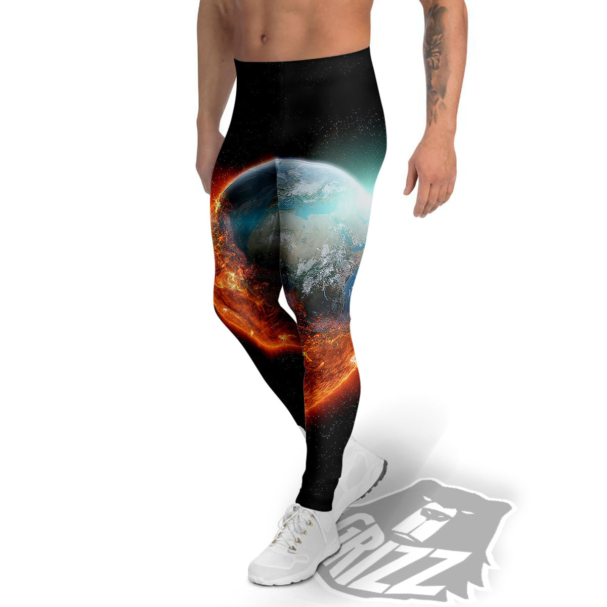 Burning Planet Print Men's Leggings-grizzshop