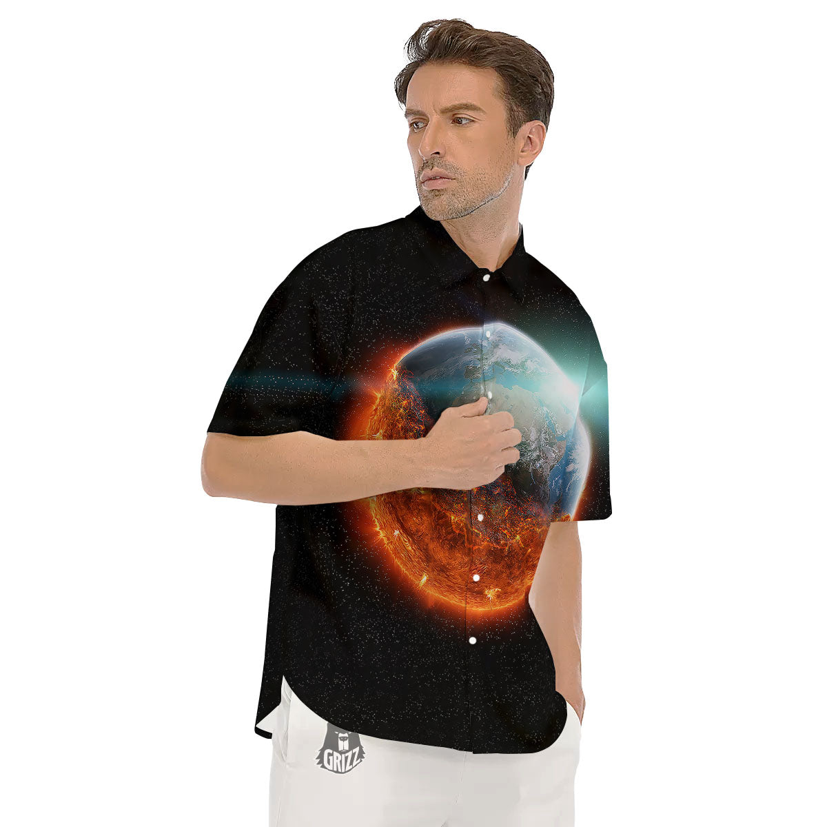 Burning Planet Print Men's Short Sleeve Shirts-grizzshop