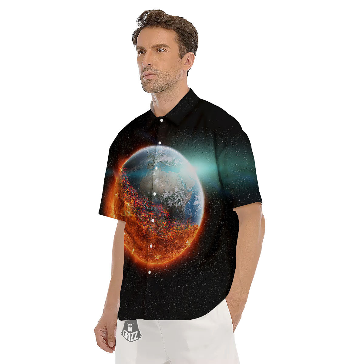 Burning Planet Print Men's Short Sleeve Shirts-grizzshop