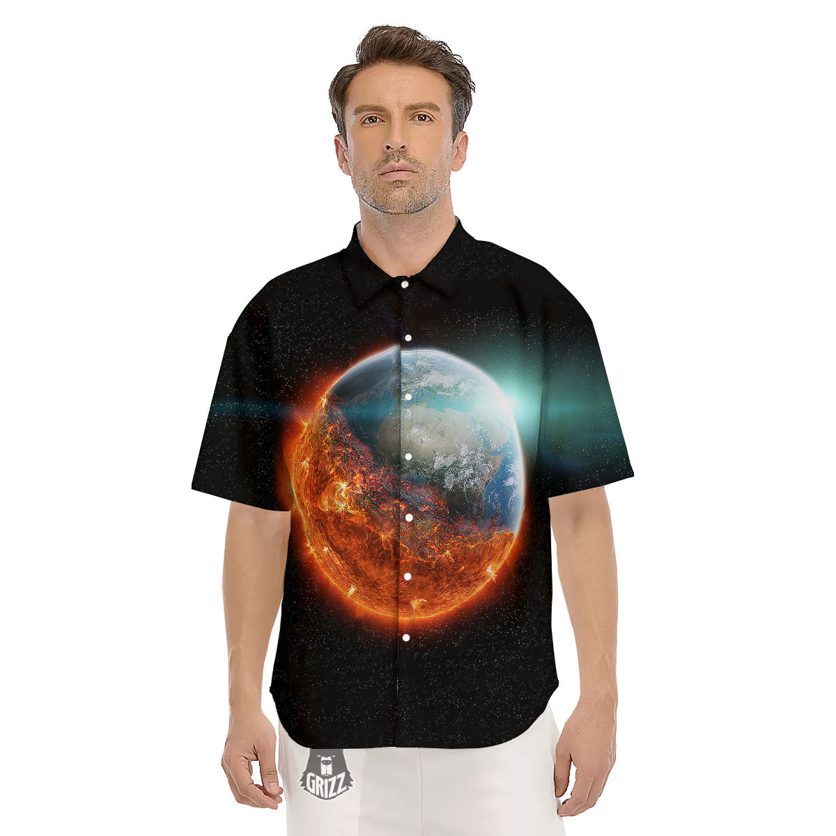 Burning Planet Print Men's Short Sleeve Shirts-grizzshop