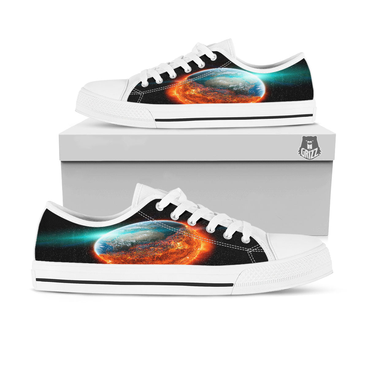 Burning Planet Print White Low Top Shoes-grizzshop