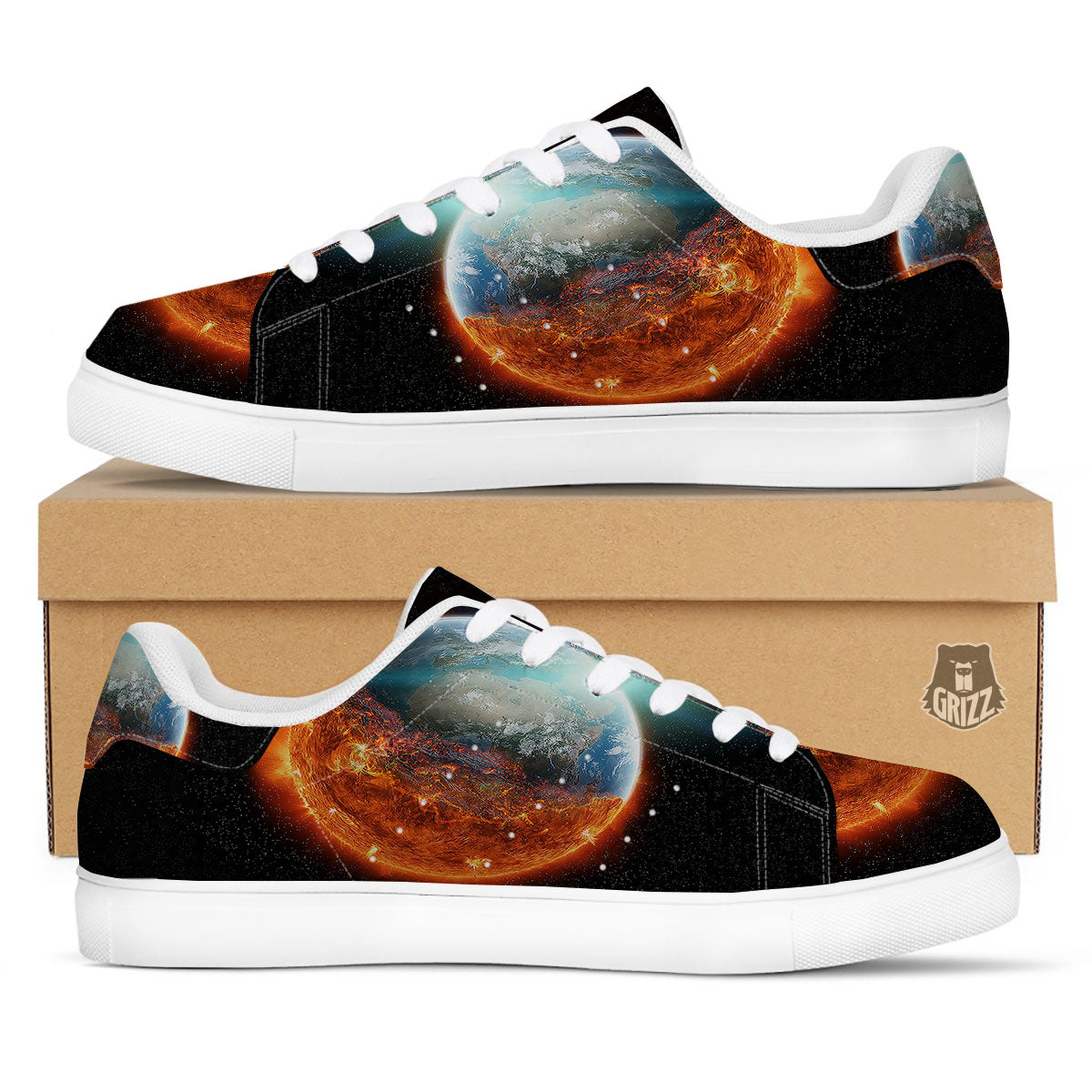 Burning Planet Print White Low Top Sneakers-grizzshop