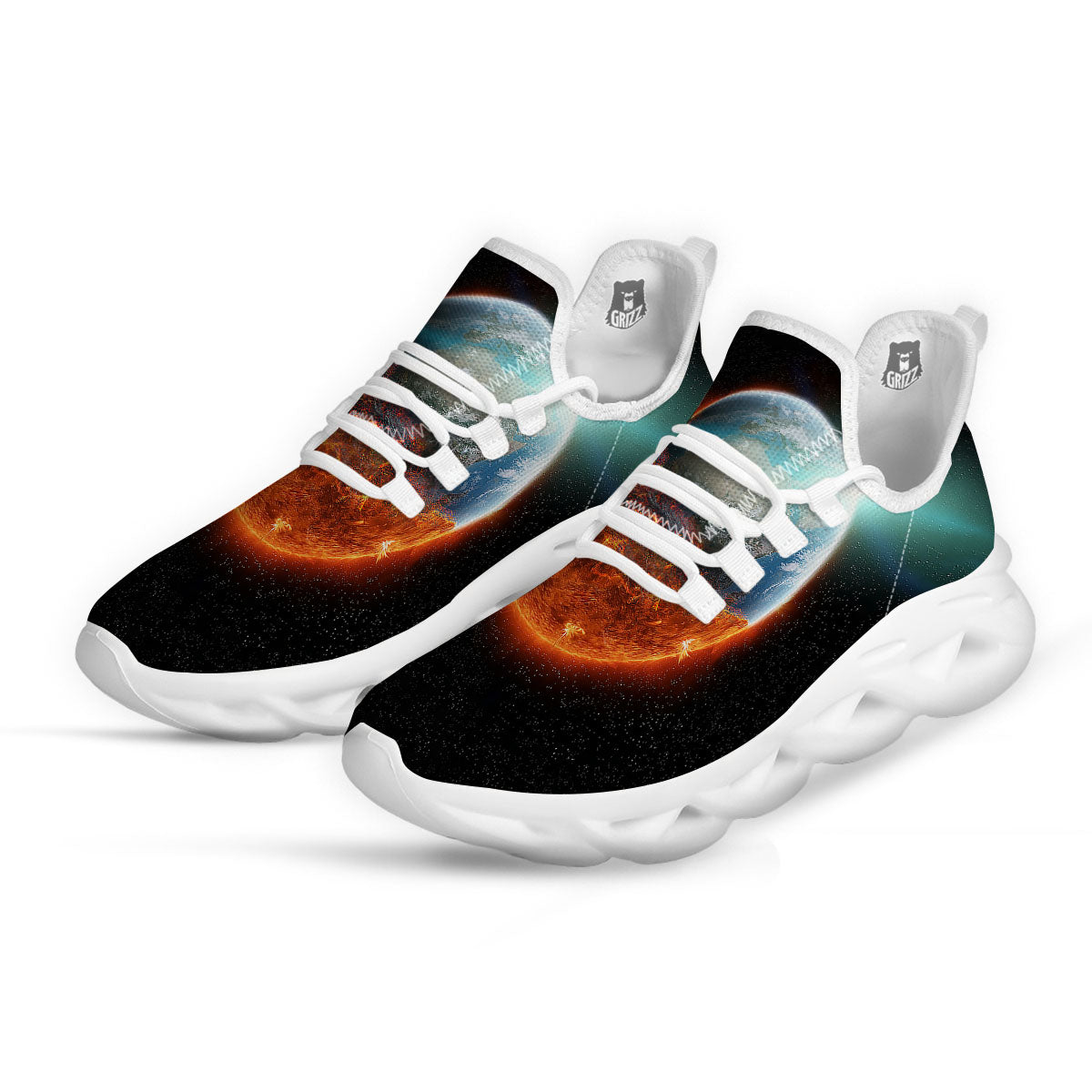 Burning Planet Print White Running Shoes-grizzshop