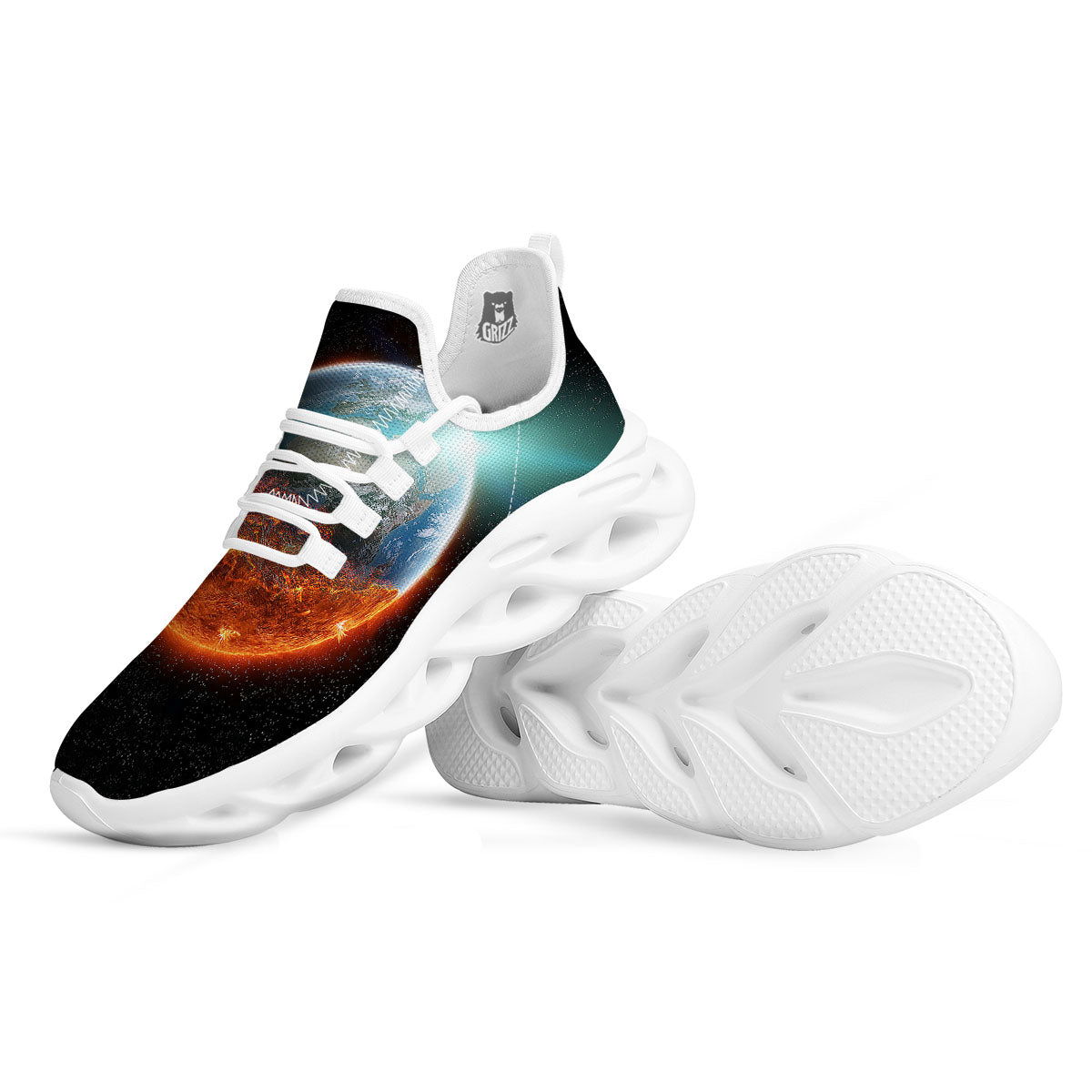 Burning Planet Print White Running Shoes-grizzshop