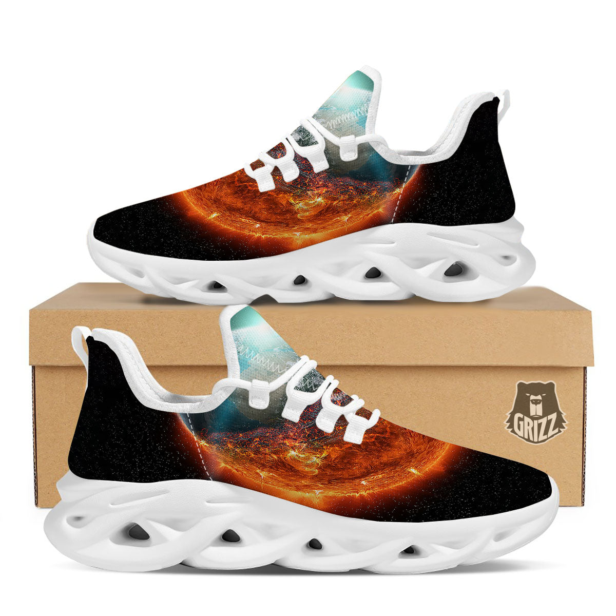 Burning Planet Print White Running Shoes-grizzshop