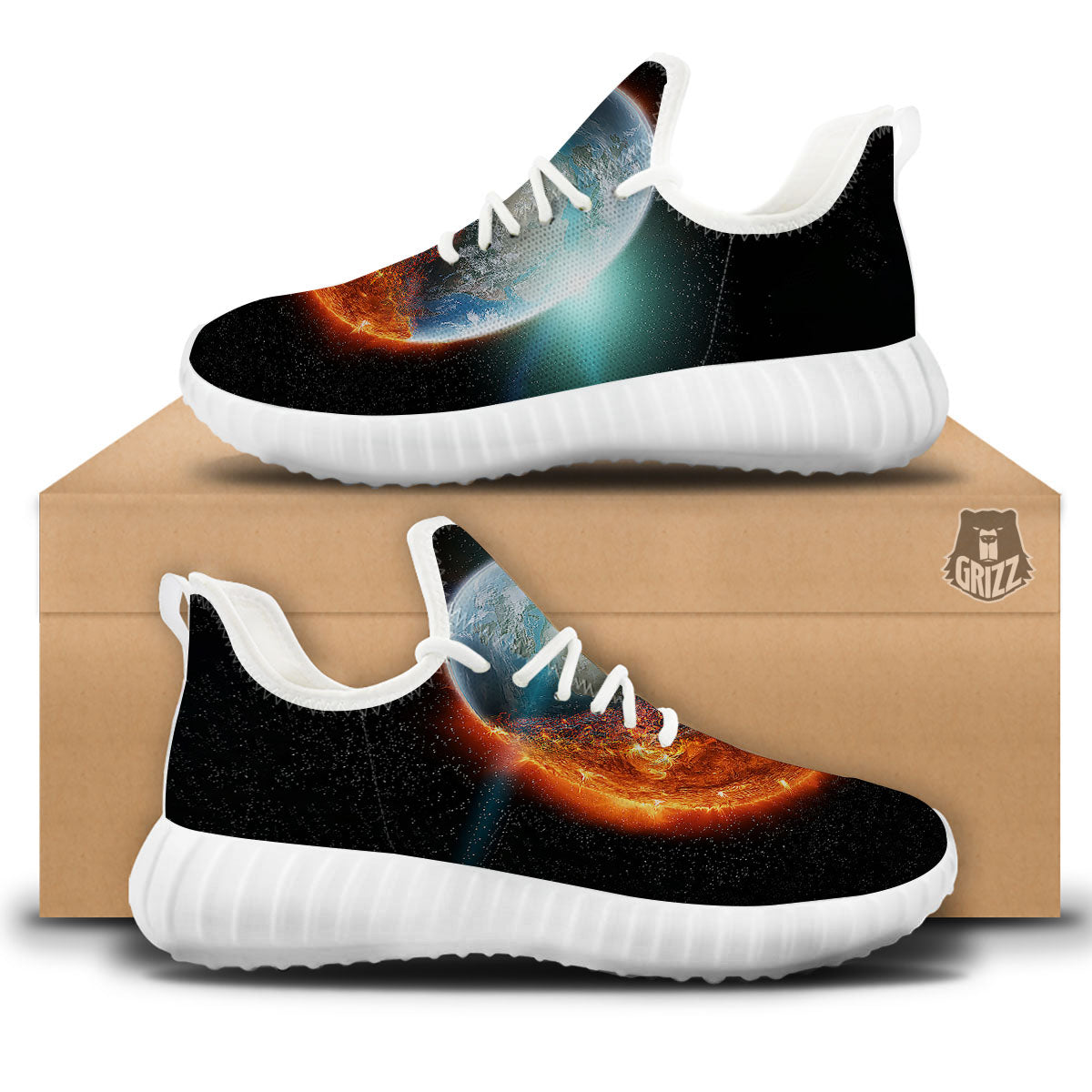 Burning Planet Print White Walking Shoes-grizzshop