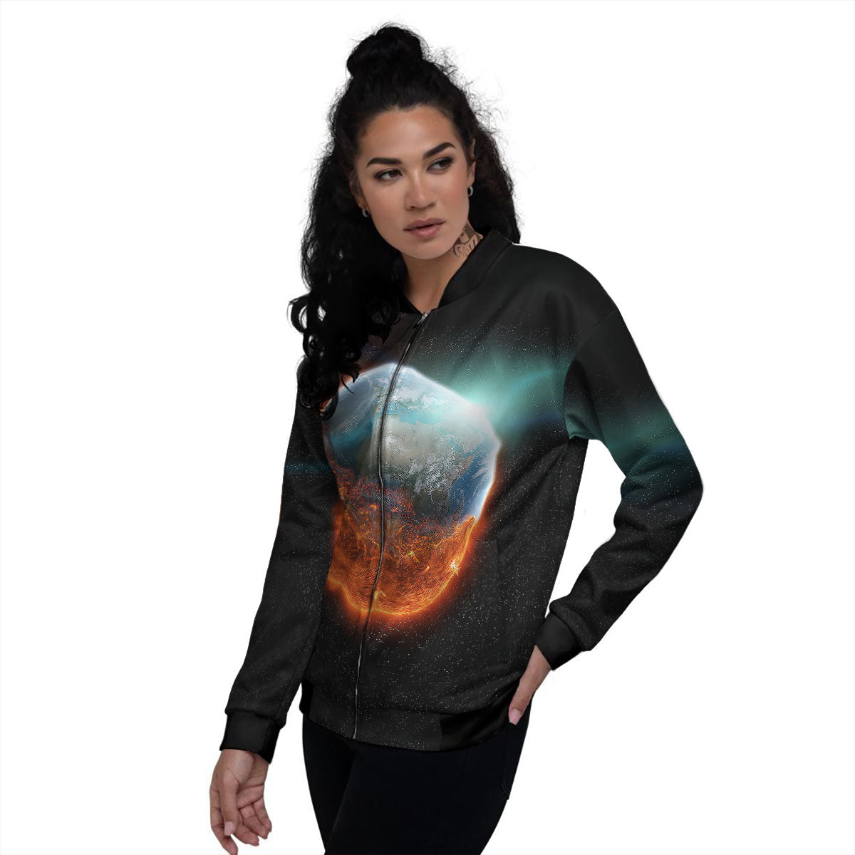 Burning Planet Print Women's Bomber Jacket-grizzshop