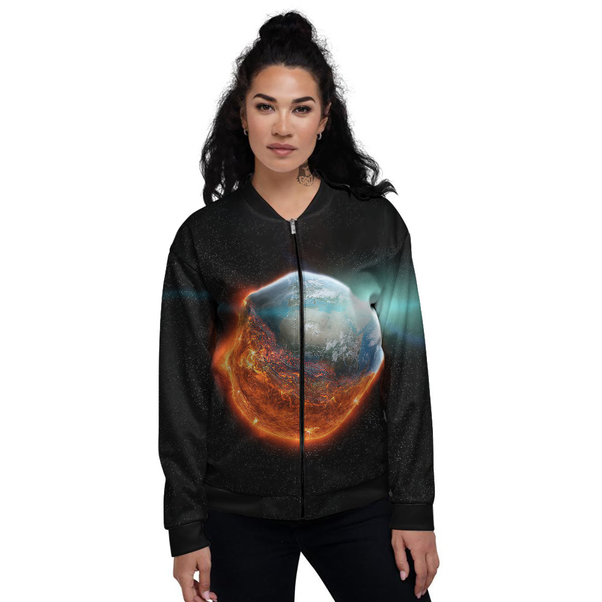 Burning Planet Print Women's Bomber Jacket-grizzshop