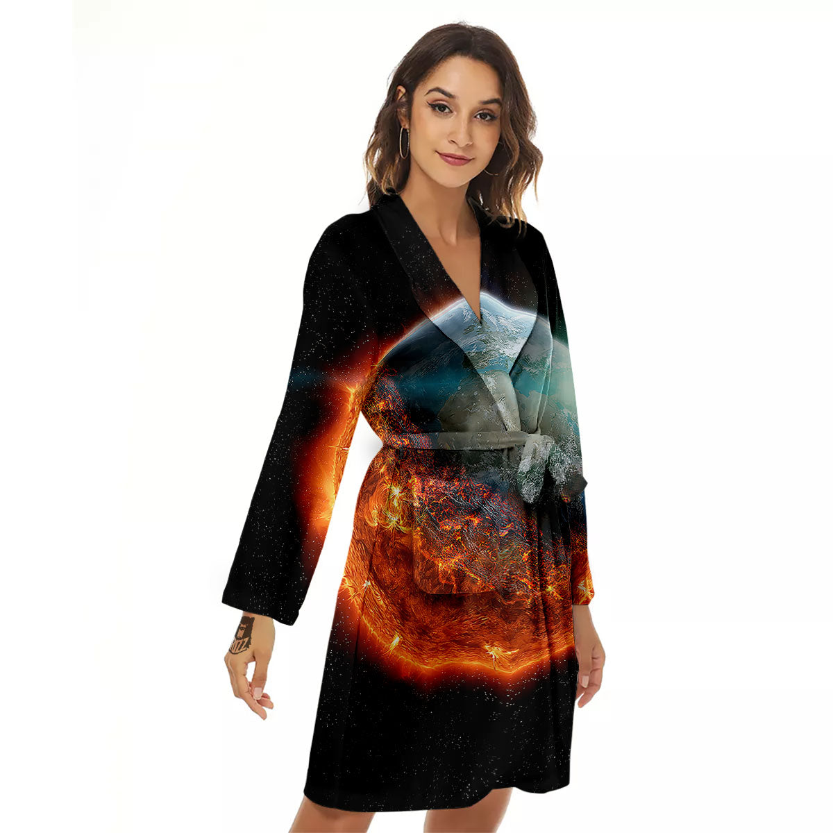 Burning Planet Print Women's Robe-grizzshop