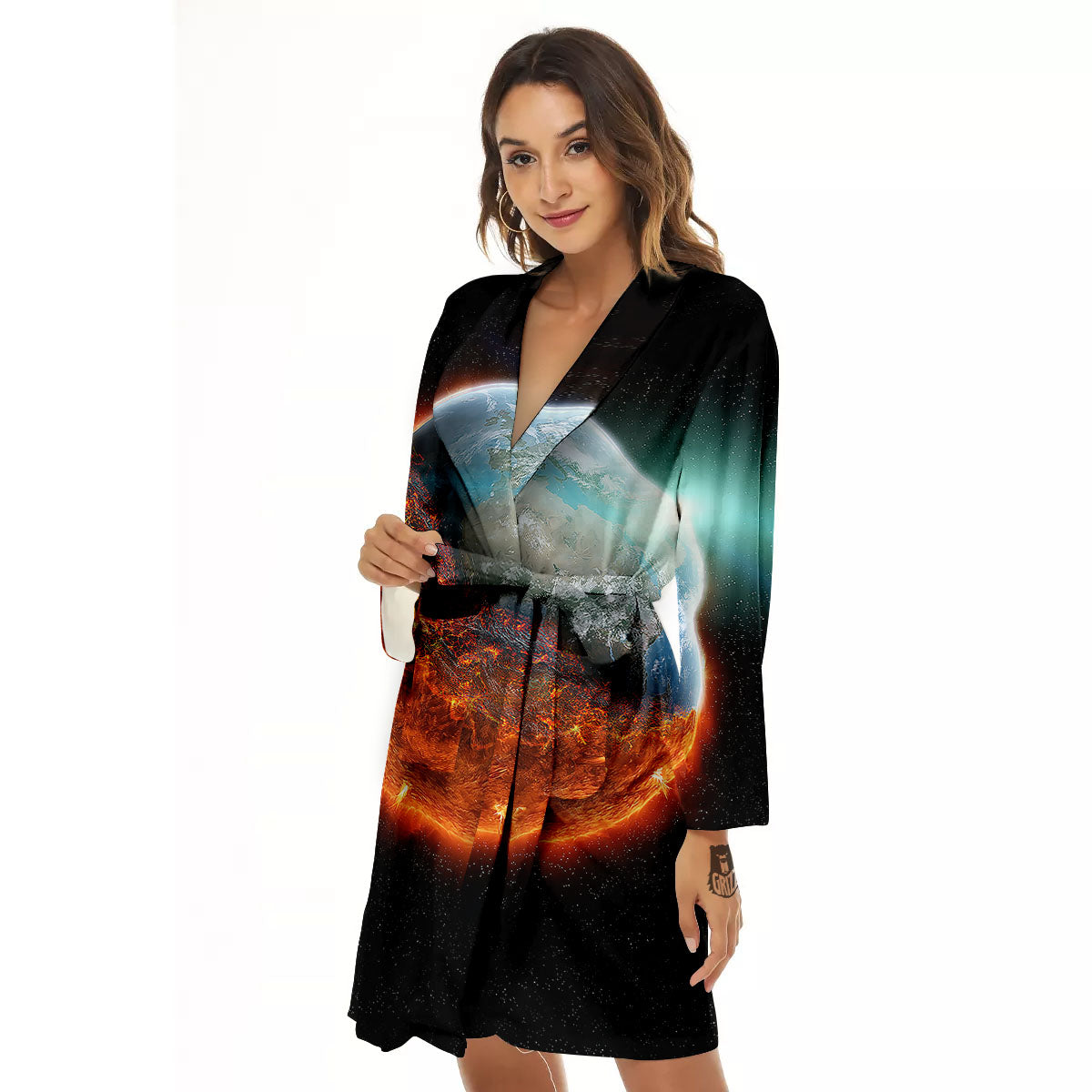 Burning Planet Print Women's Robe-grizzshop