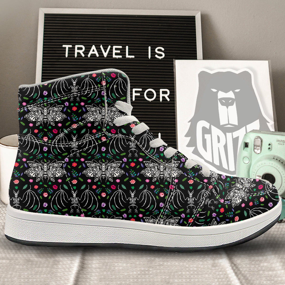 Butterflies And Skeletons of Bats Print Pattern High Top Sneakers-grizzshop