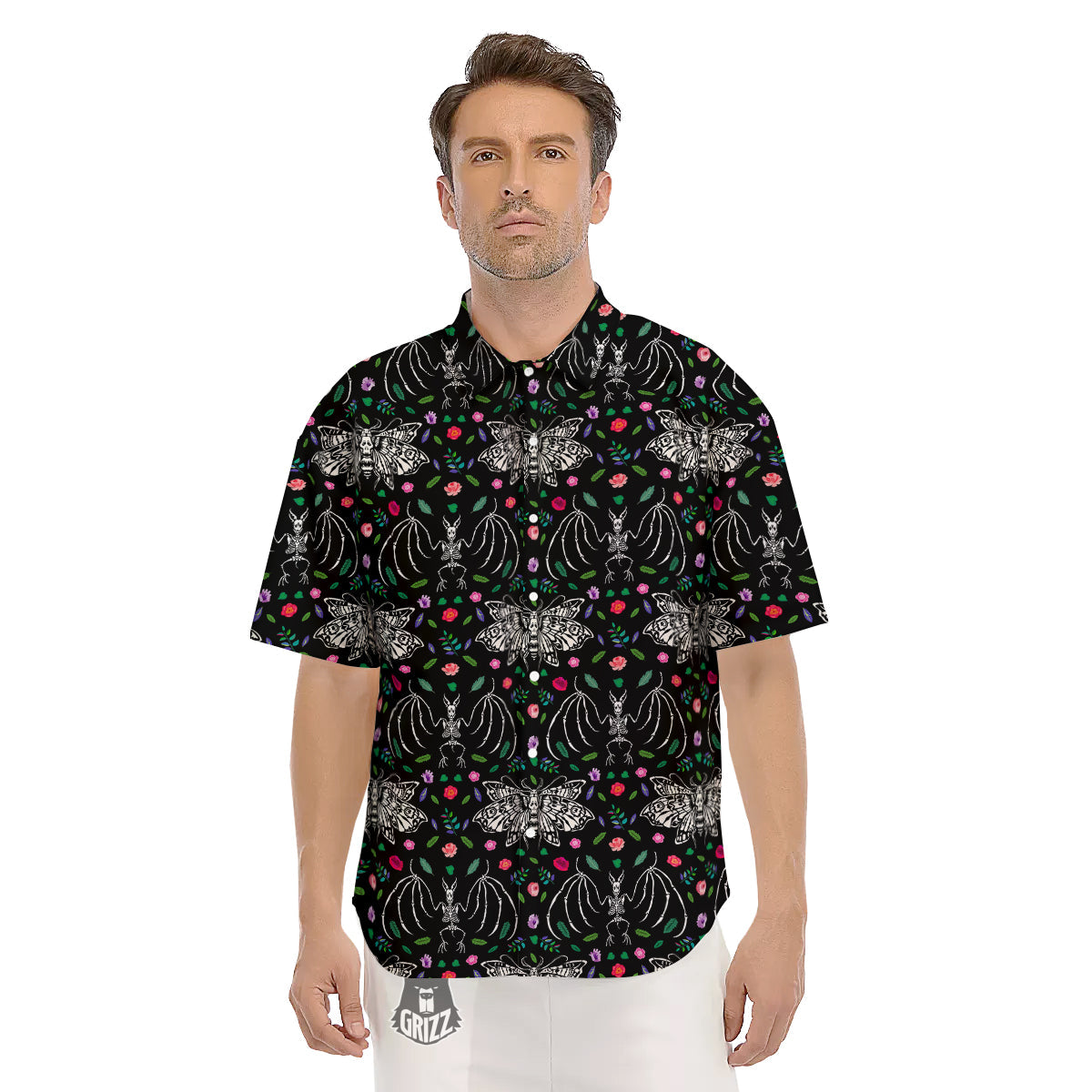 Butterflies And Skeletons of Bats Print Pattern Men's Short Sleeve Shirts-grizzshop