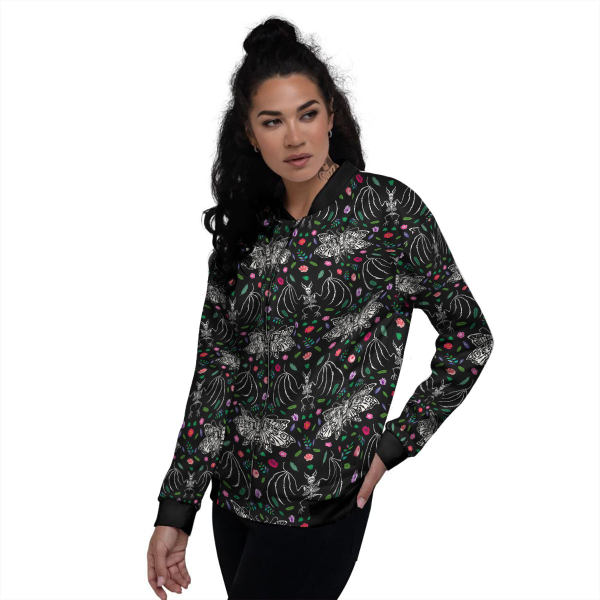 Butterflies And Skeletons of Bats Print Pattern Women's Bomber Jacket-grizzshop