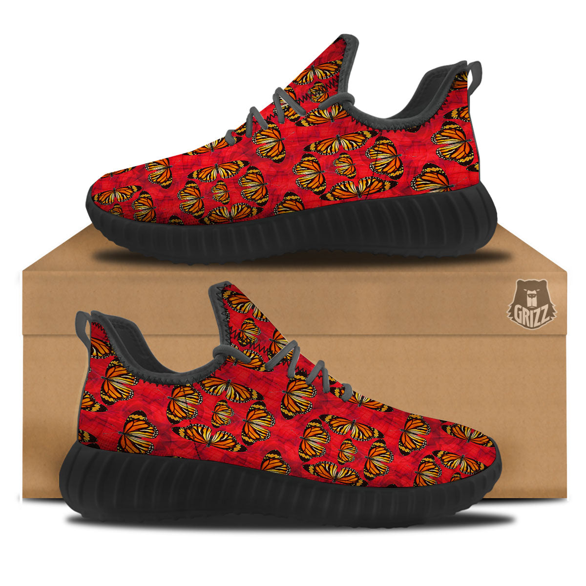 Butterflies Monarch Orange Print Pattern Black Walking Shoes-grizzshop