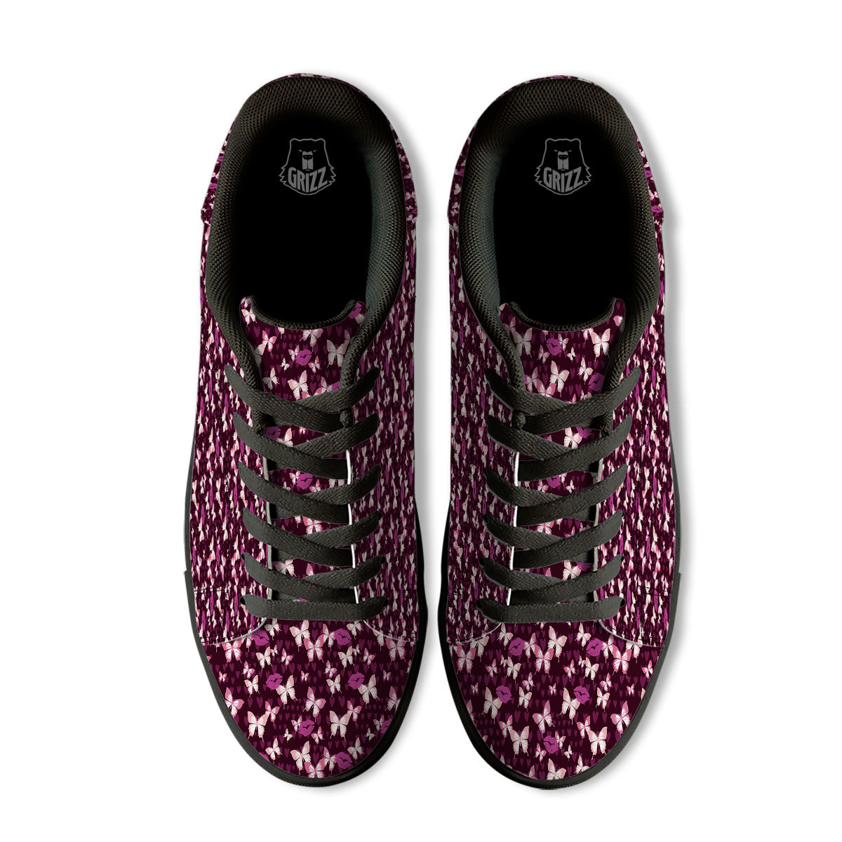 Butterfly And Girly Heart Print Pattern Black Low Top Sneakers-grizzshop