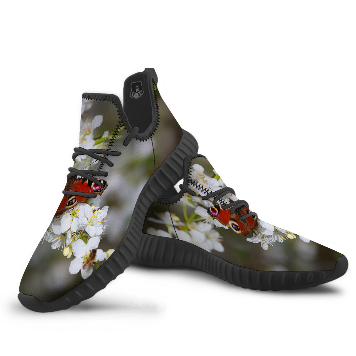 Butterfly Blossom Flower Print Black Walking Shoes-grizzshop