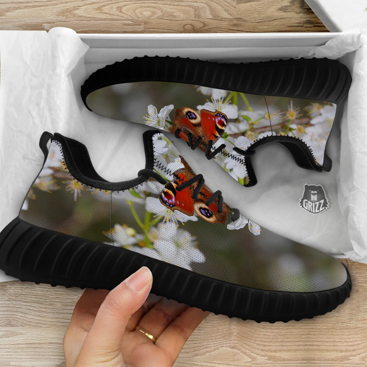 Butterfly Blossom Flower Print Black Walking Shoes-grizzshop