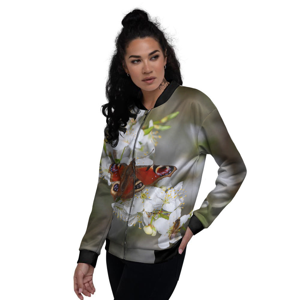 Butterfly Blossom Flower Print Women's Bomber Jacket-grizzshop