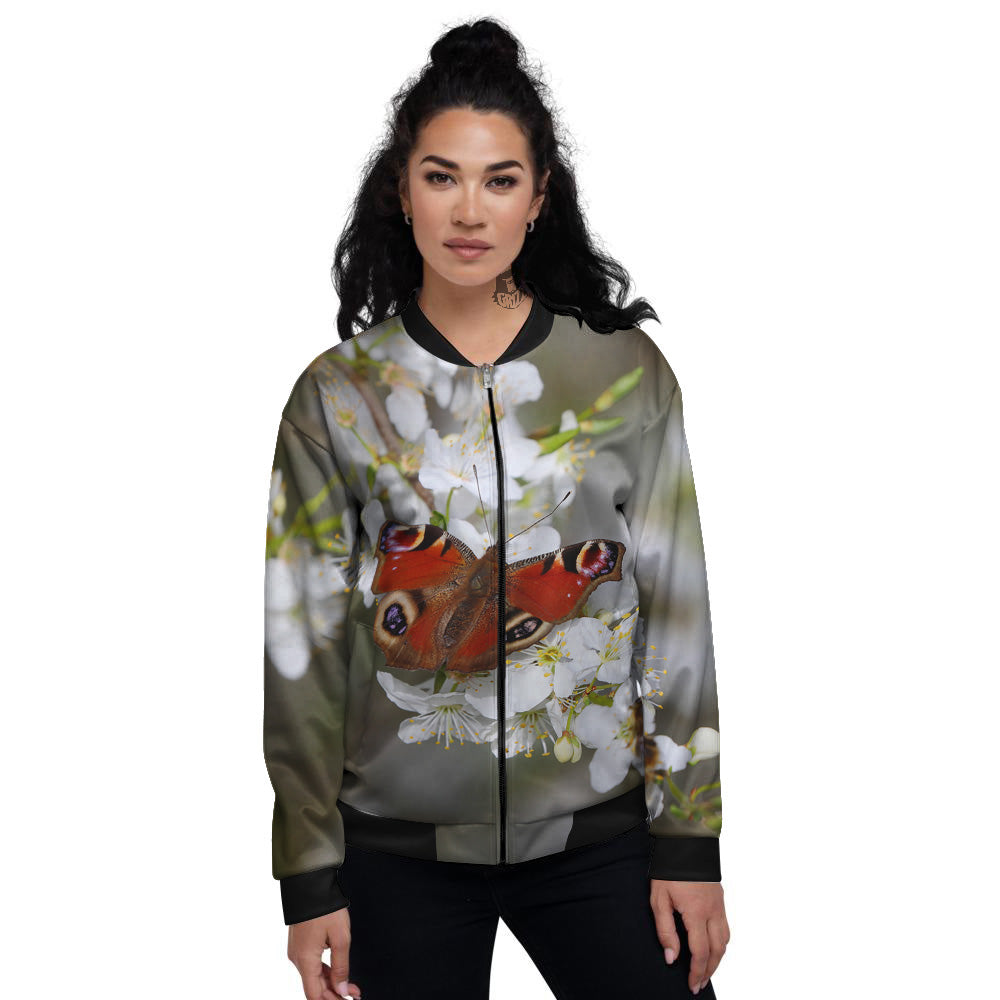 Butterfly Blossom Flower Print Women's Bomber Jacket-grizzshop