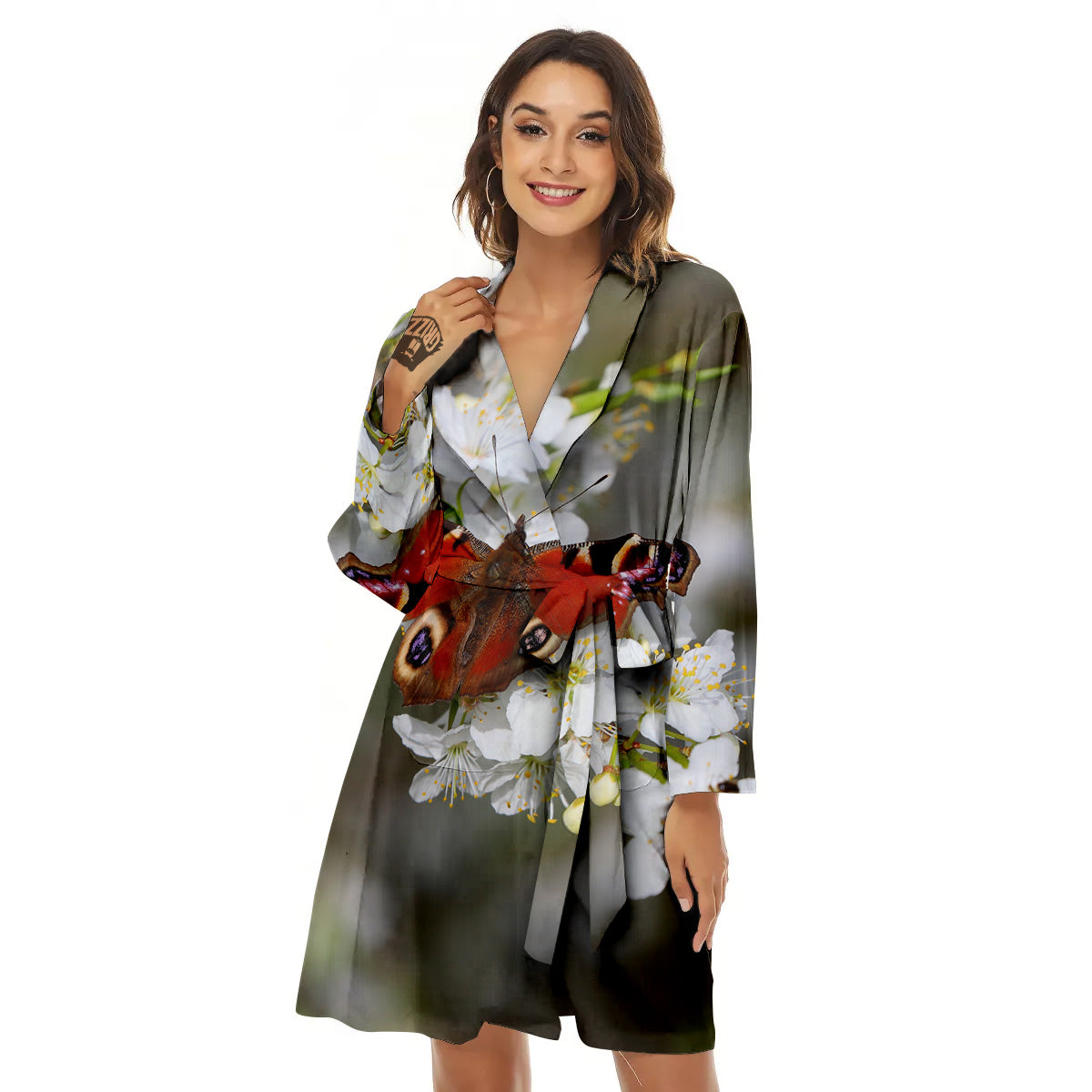 Butterfly Blossom Flower Print Women's Robe-grizzshop