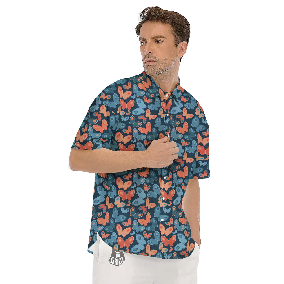 Butterfly Blue And Orange Print Men's Short Sleeve Shirts-grizzshop