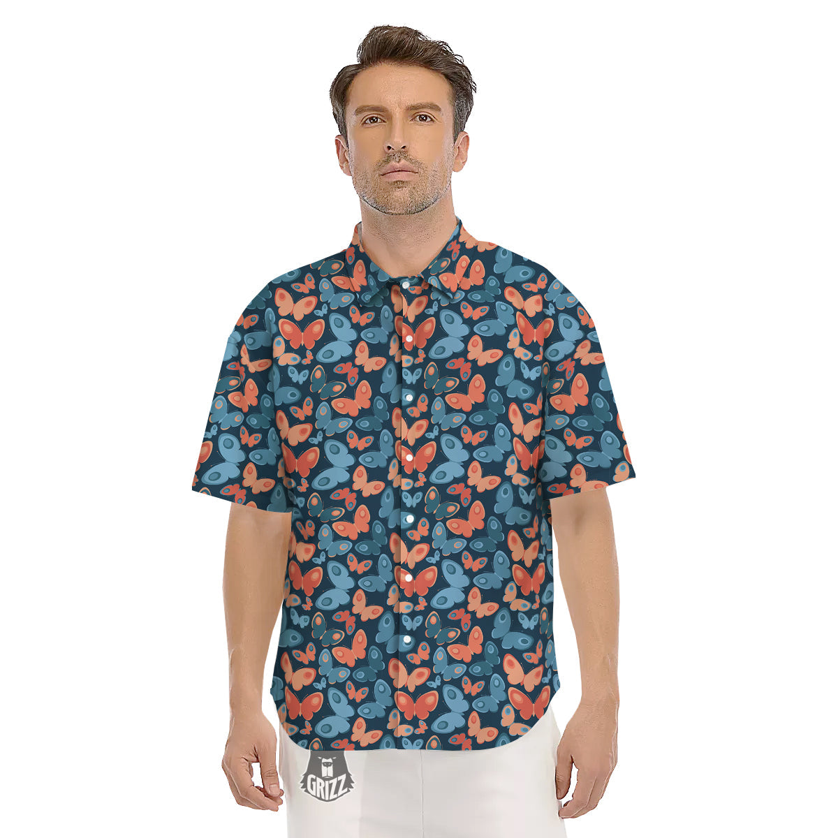 Butterfly Blue And Orange Print Men's Short Sleeve Shirts-grizzshop